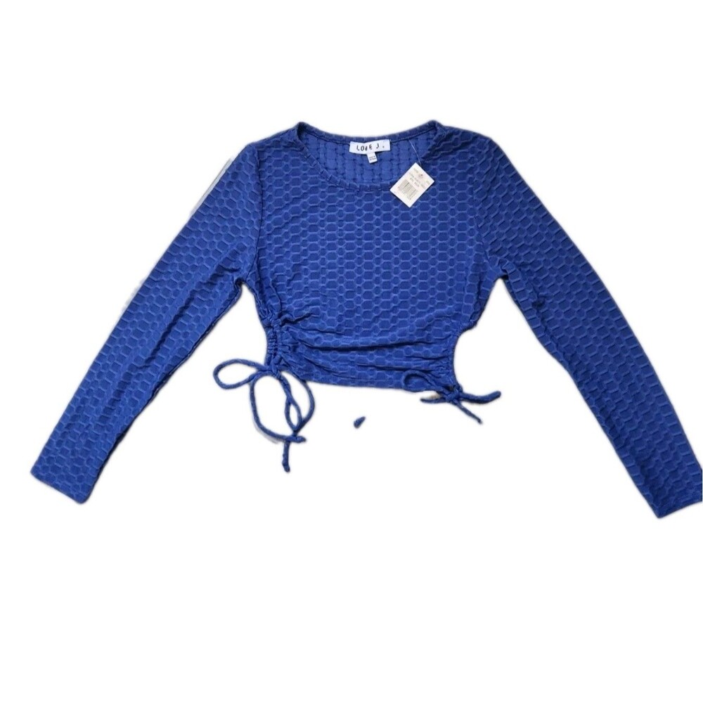 NWT Love J Honeycomb Crop Top Blue Activewear Side Cutout W/ Ties Womens Sz M